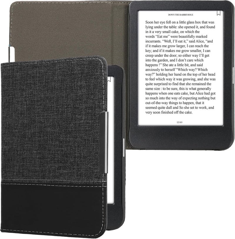 kwmobile Case Compatible with Kobo Clara BW/Colour - PU Leather and Canvas e-Reader Cover - Anthracite/Black - Image 1